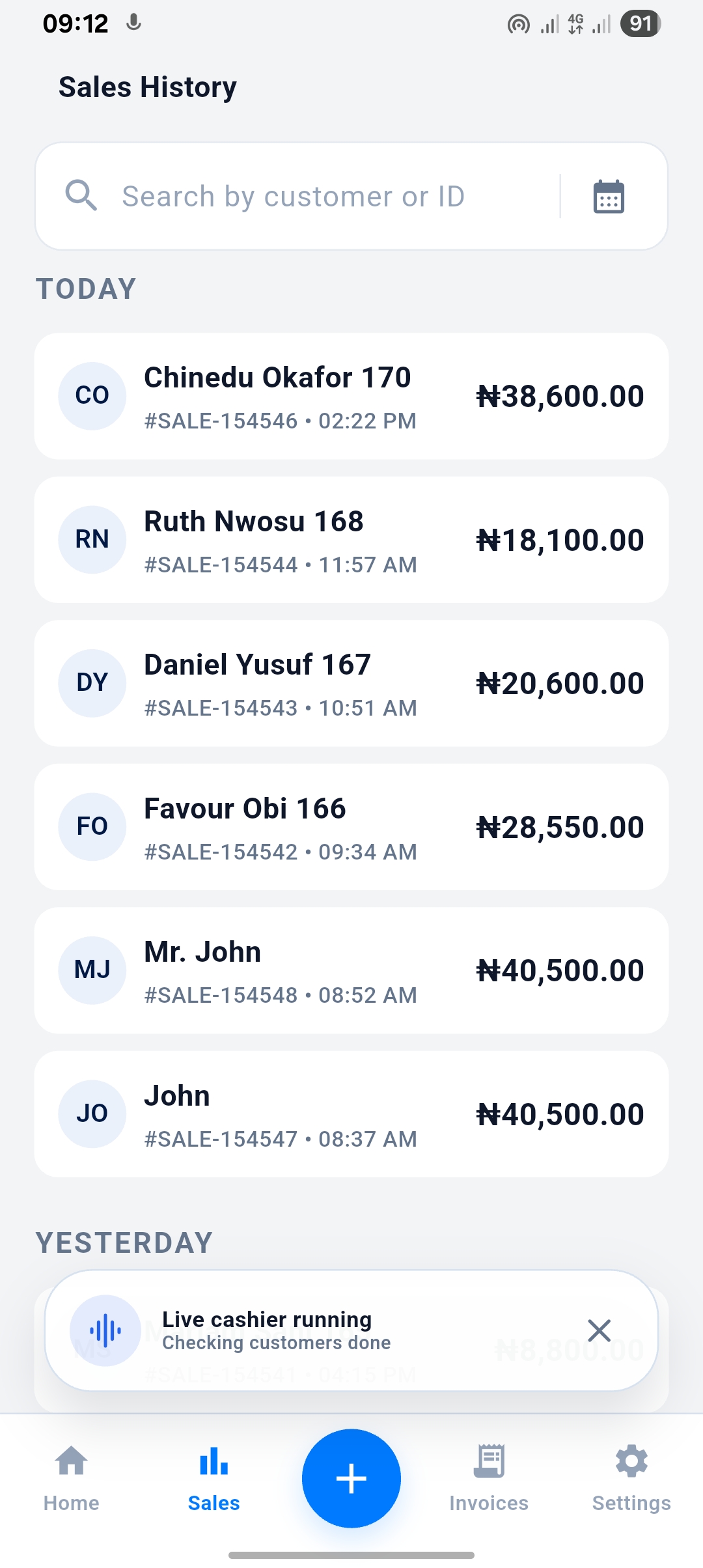 Sales history in SalesNote